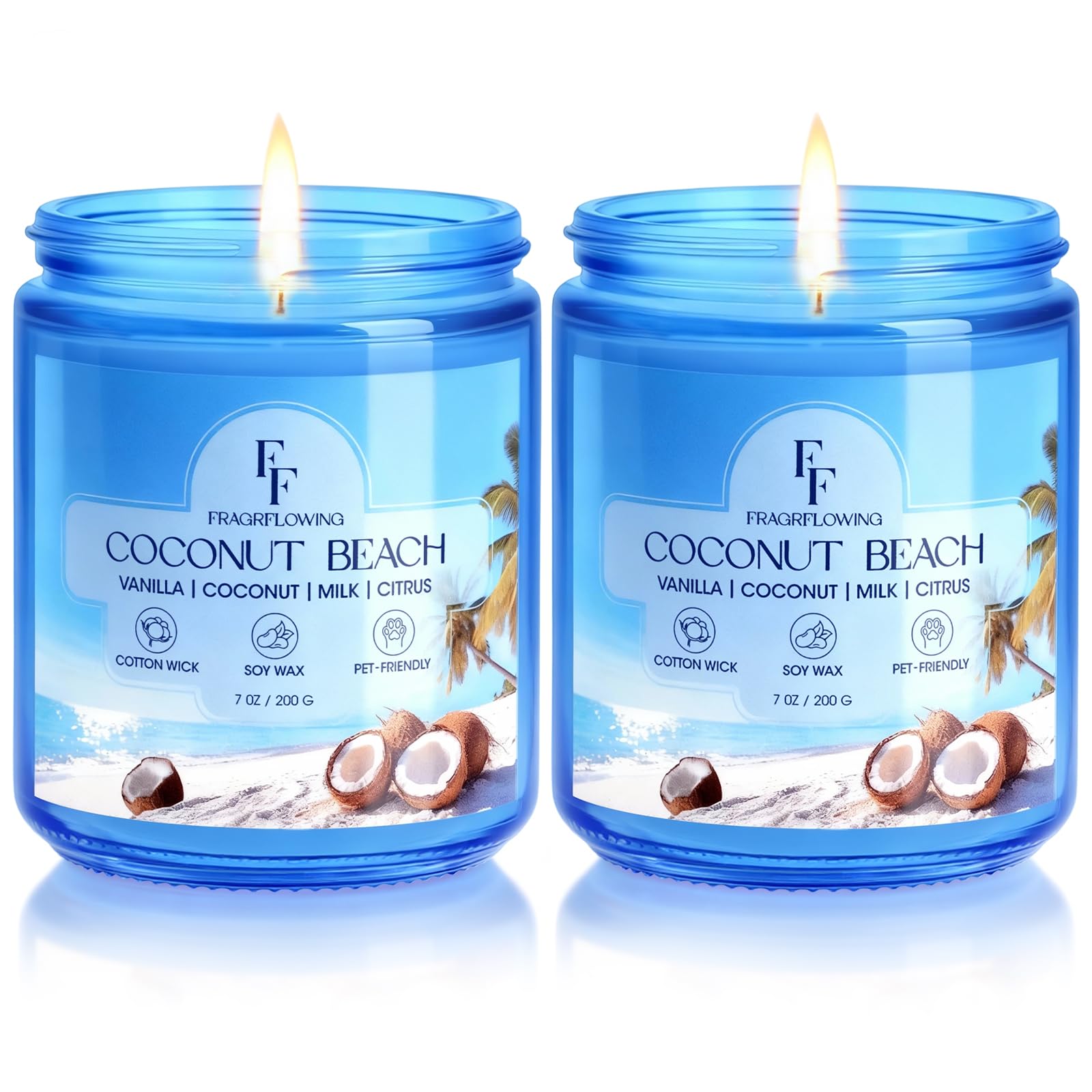 Bougie Coconut Beach FF FragFlowing dans un bocal bleu, parfum tropical.