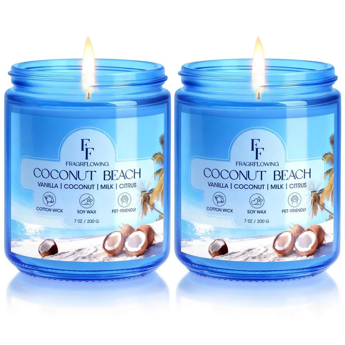 Bougie Coconut Beach FF FragFlowing dans un bocal bleu, parfum tropical.