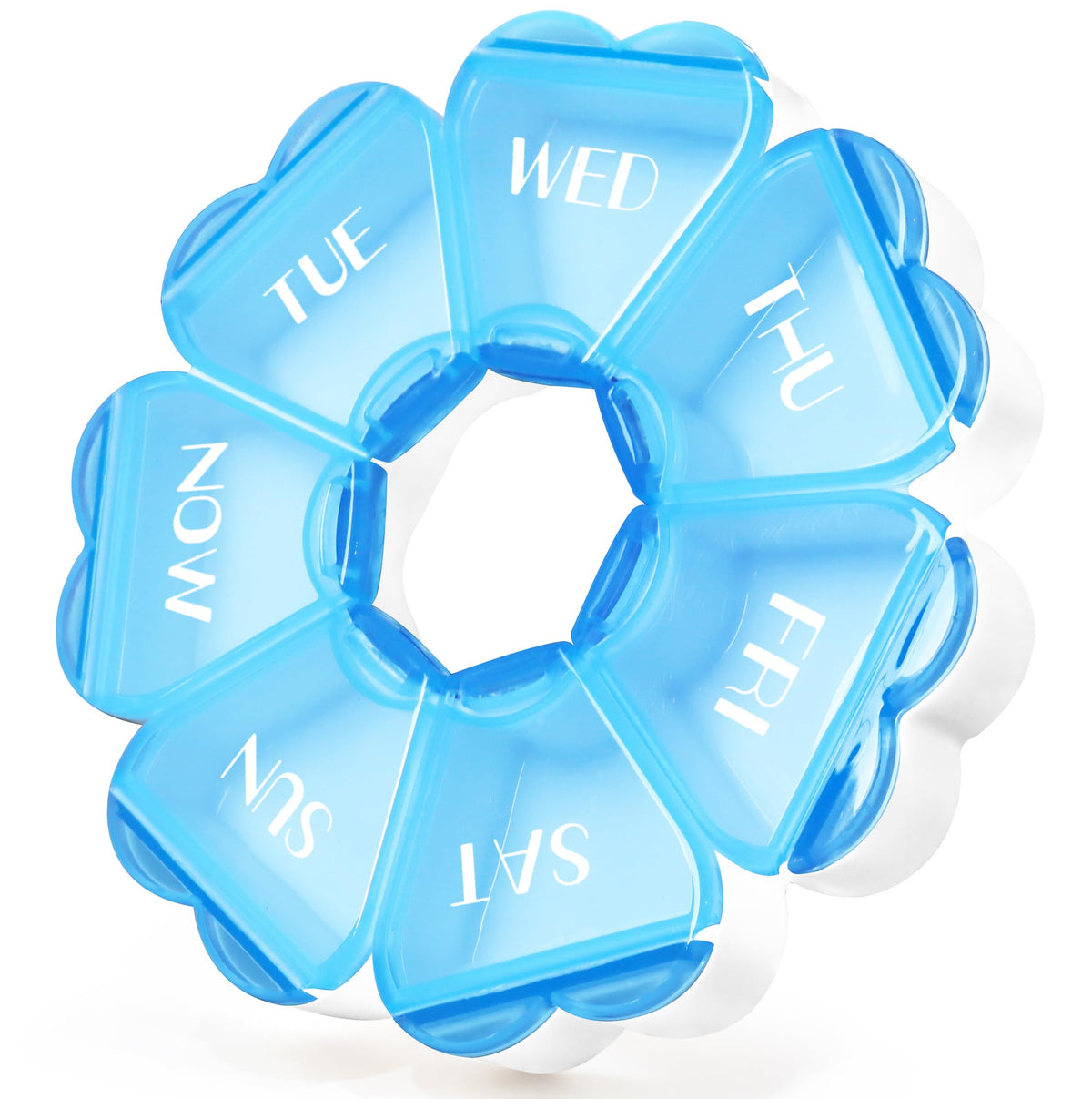 FHORAIN porte-pilules bleu avec ouverture centrale pour un remplissage facile.