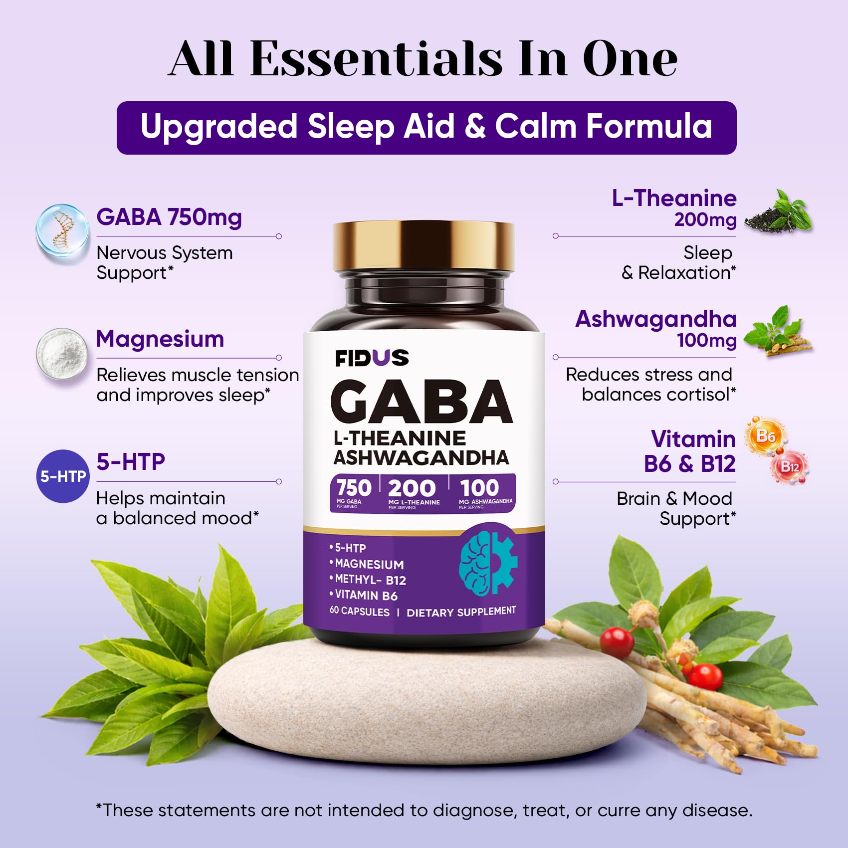 Fidus 5-HTP et Ashwagandha : capsules soutenant l'équilibre émotionnel et la sérénité.