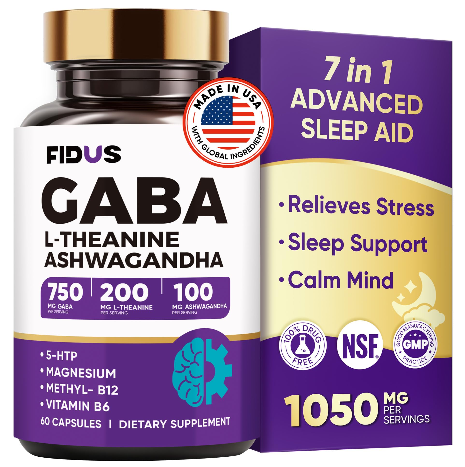 Fidus GABA-L-Theanine : bouteille de capsules pour un sommeil naturel et calme.