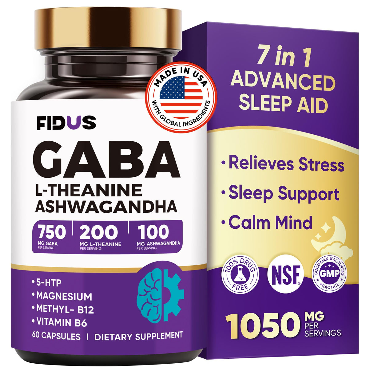 Fidus GABA-L-Theanine : bouteille de capsules pour un sommeil naturel et calme.
