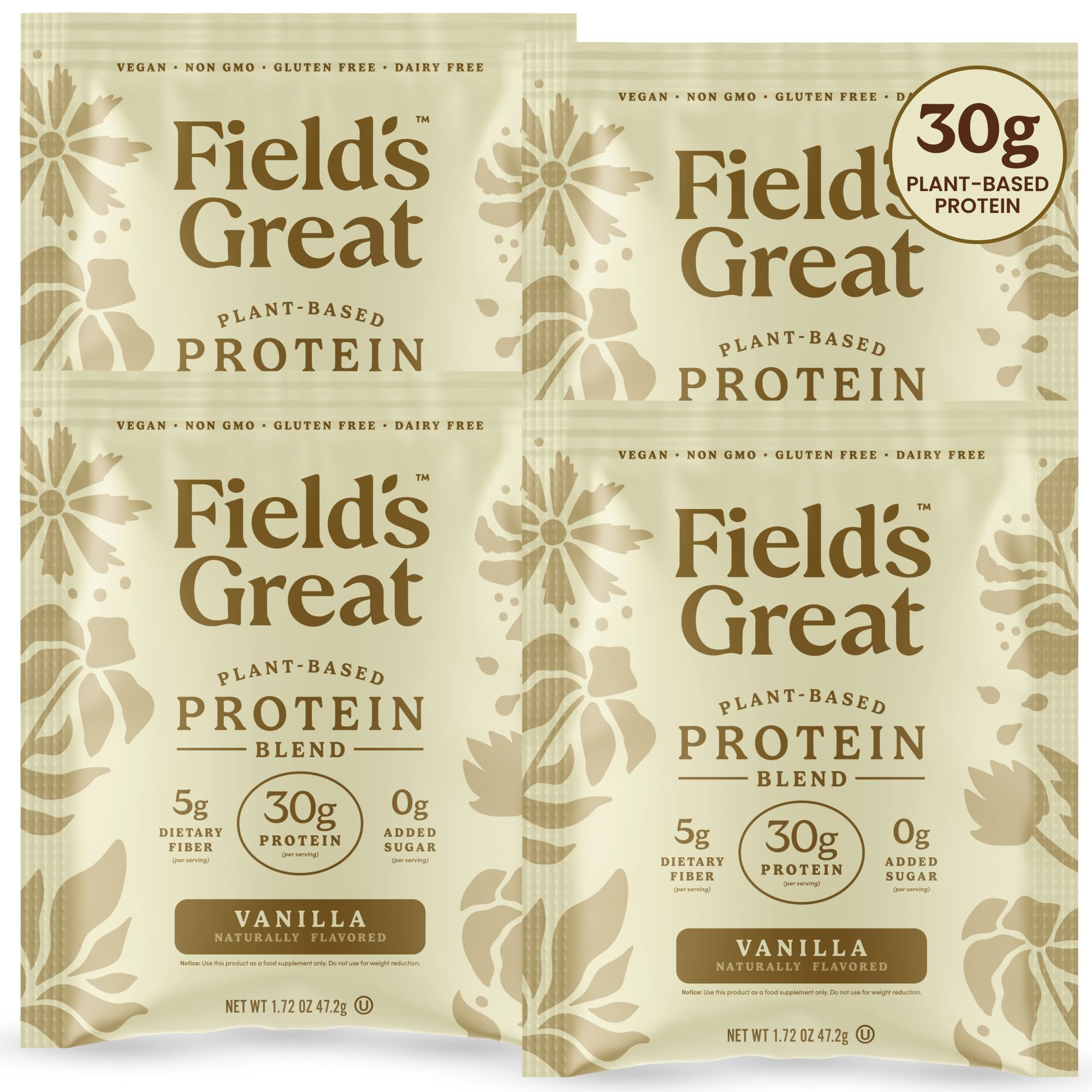 Field's Great poudre protéine pois vanille dans un verre, soutien musculaire potentiel.