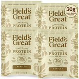Field's Great poudre protéine pois vanille dans un verre, soutien musculaire potentiel.