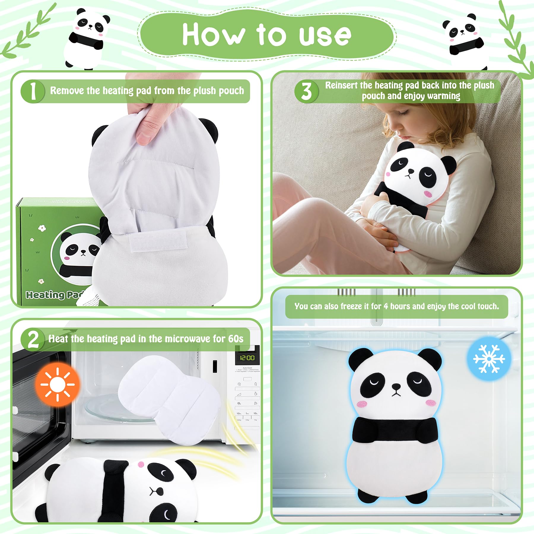 Panda chauffant Fighting to Achieve, visage brodé, design rassurant pour les enfants.