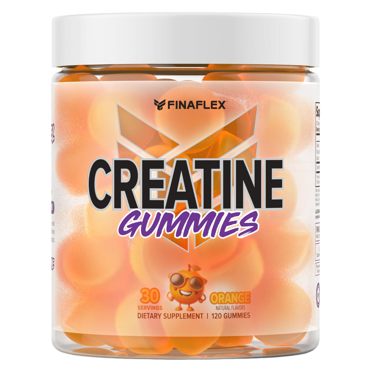 Gommes FINAFLEX à la créatine dans une bouteille orange, soutien potentiel à la force.