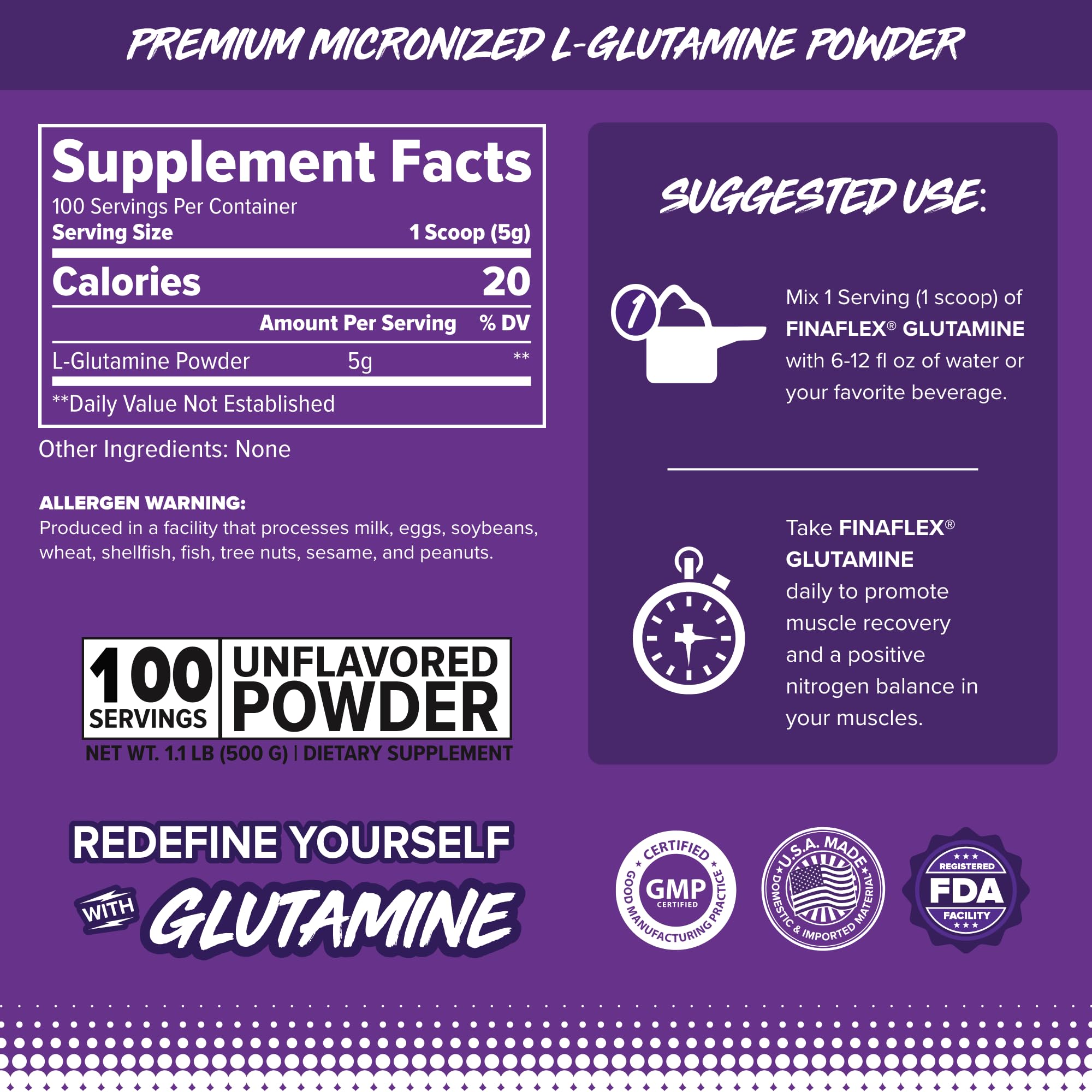 Étiquette clair – FINAFLEX Pure Glutamine sans additifs pour une nutrition simple.