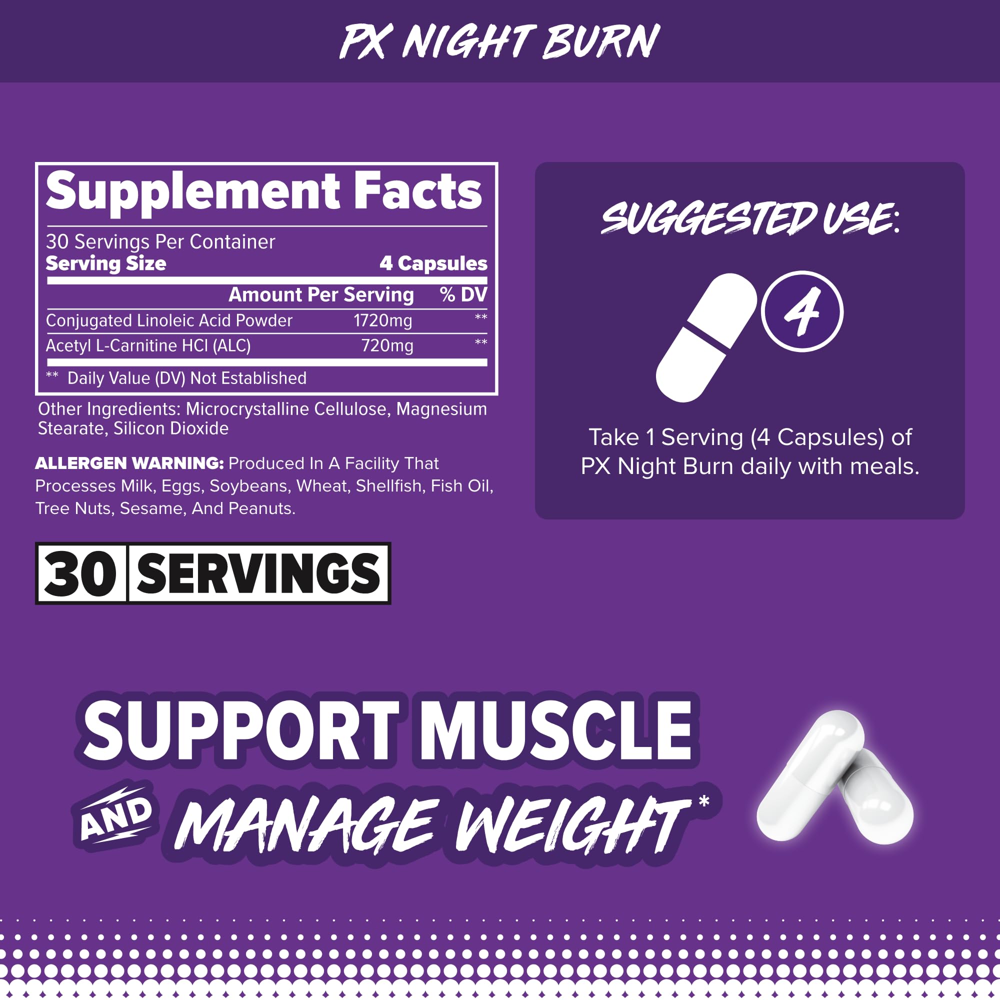 Étiquette FINAFLEX PX Night Burn indiquant sa nature sans stimulant et les composants clés.