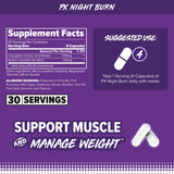 Étiquette FINAFLEX PX Night Burn indiquant sa nature sans stimulant et les composants clés.
