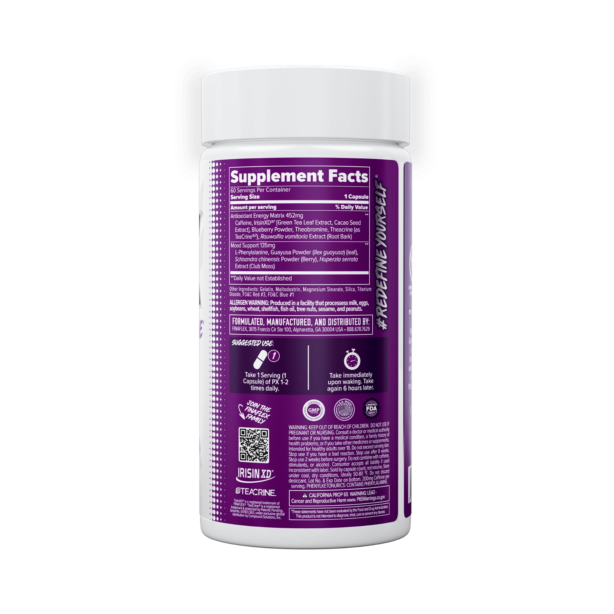 FINAFLEX PX PRO Xanthine – ingrédients clés, caféine et TeaCrine visibles.