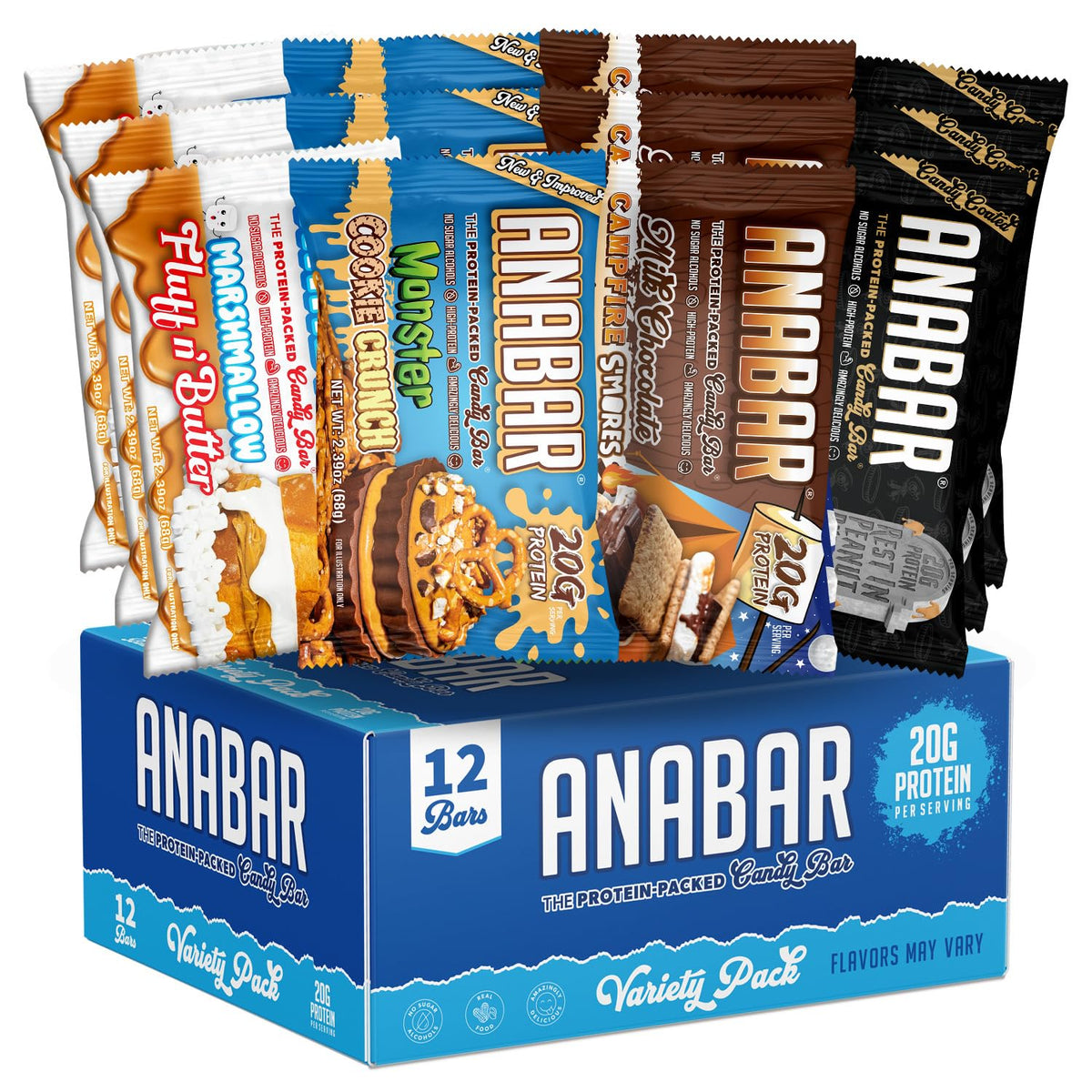 Barre Anabar S'mores, emballage attrayant, goût gourmand et protéiné.