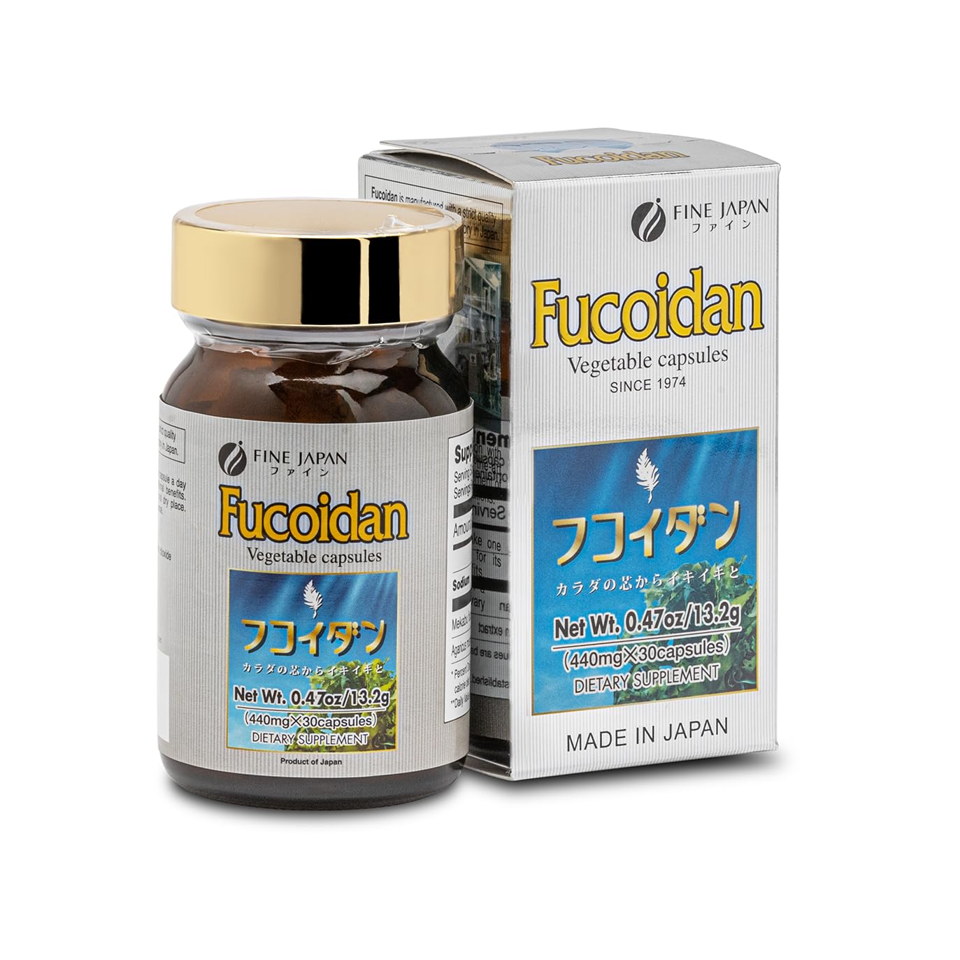 Étiquette produits FINE JAPAN Fucoidan montrant ingrédients et dosages