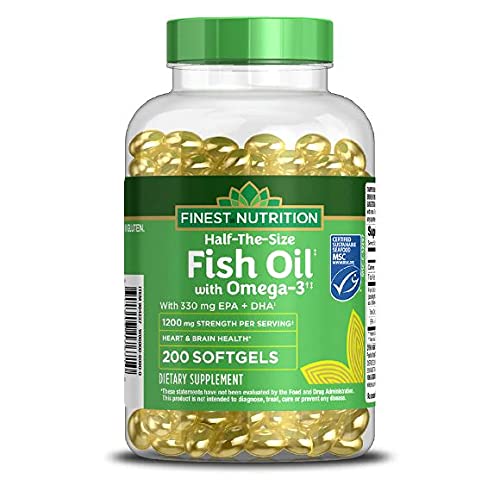 Boîte Finest Nutrition demi-taille huile-poisson 1200 mg, bouteille prête à doser pour un soutien cardiaque potentiel.