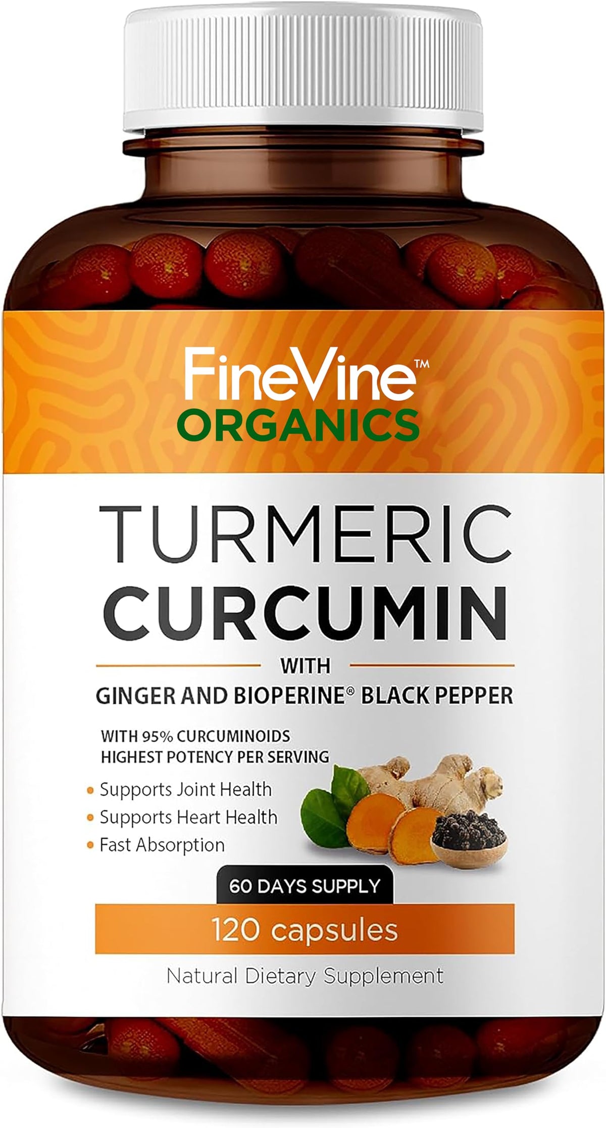 FineVine Organics Turmeric Curcumin — bouteille montrant absorption avancée pour le soutien des articulations.