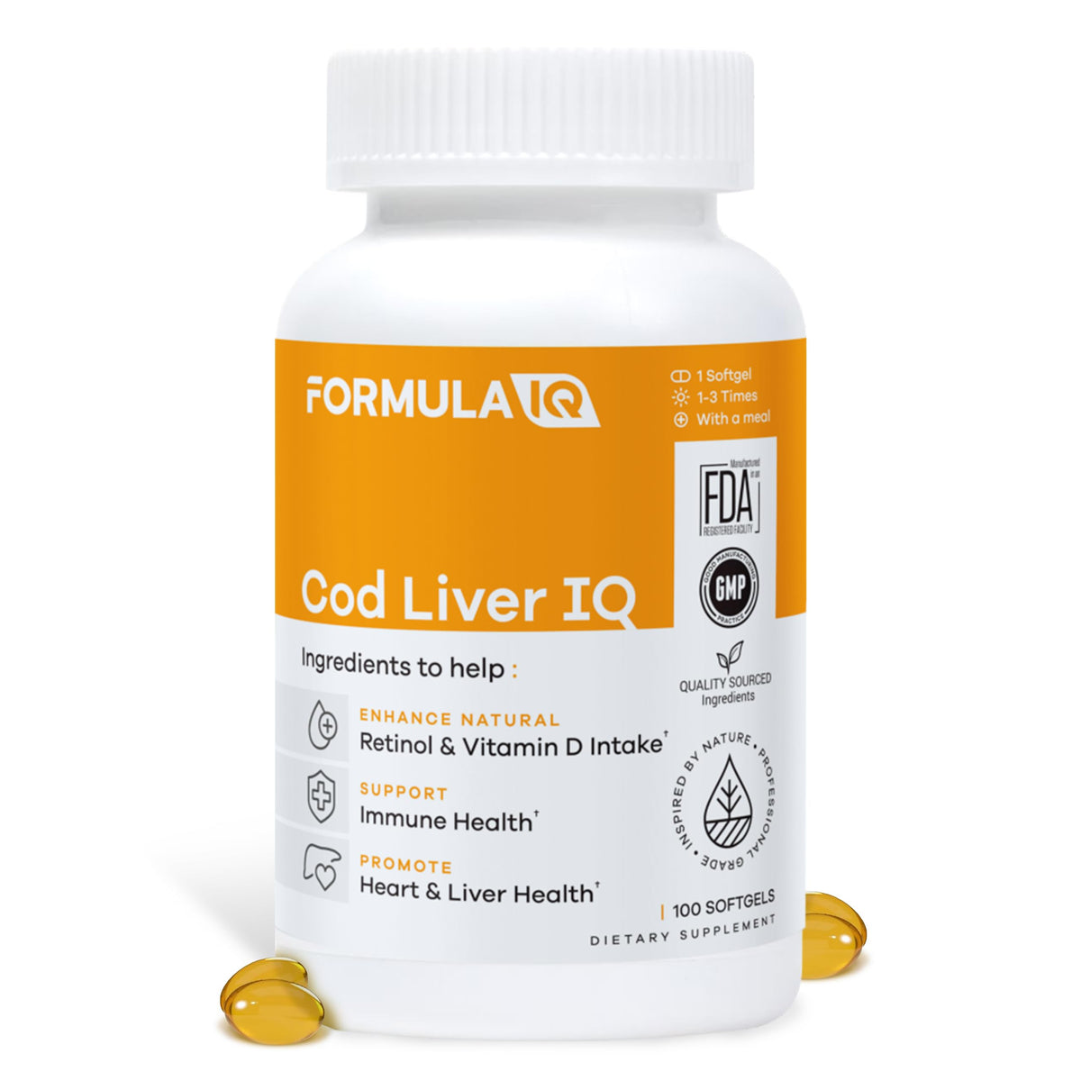 FIQ Formula IQ, boîte-capsules-huile-foie-morue, riche en oméga-3 pour le cœur.
