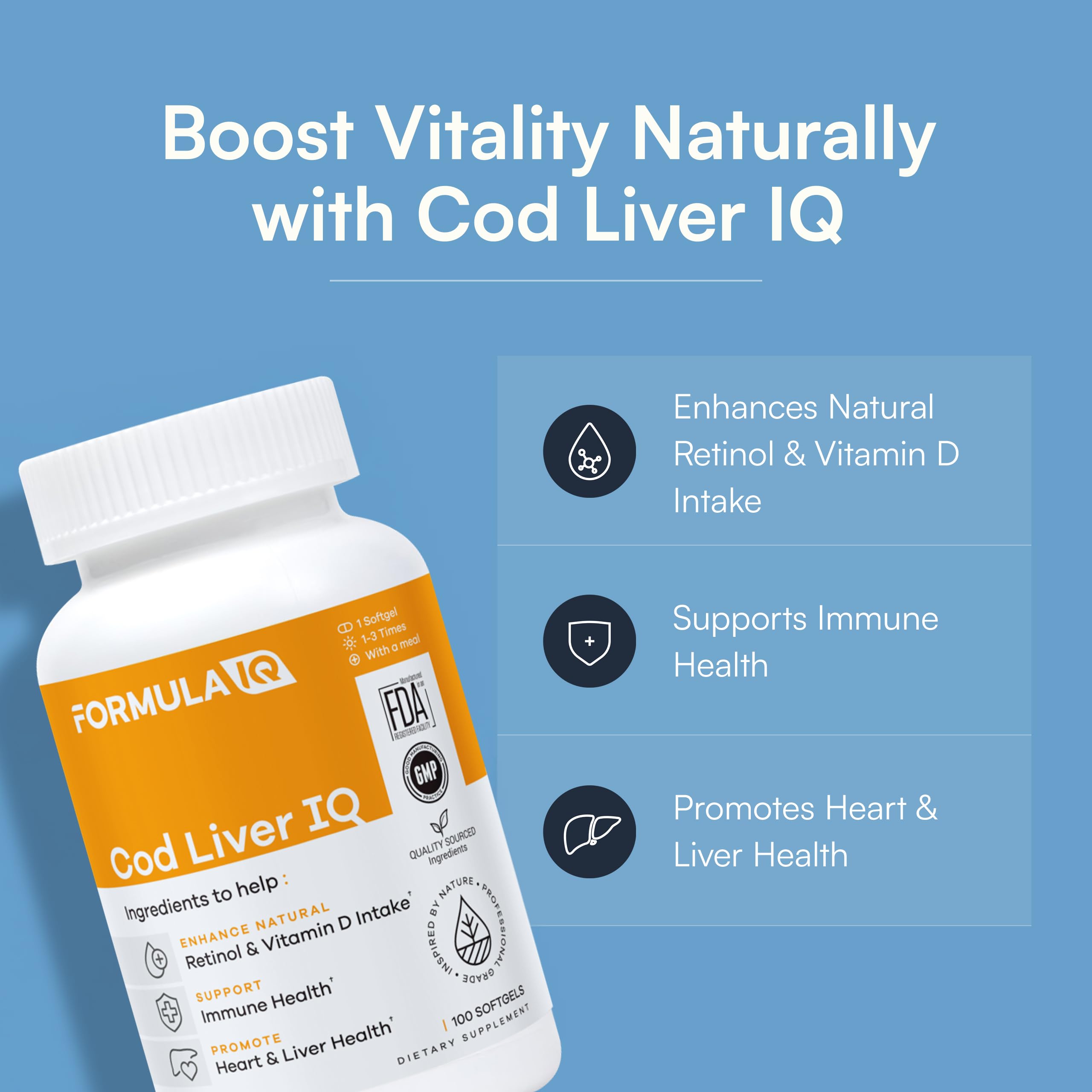 FIQ Formula IQ, capsules molles, faciles à avaler avec un apport quotidien en A et D.