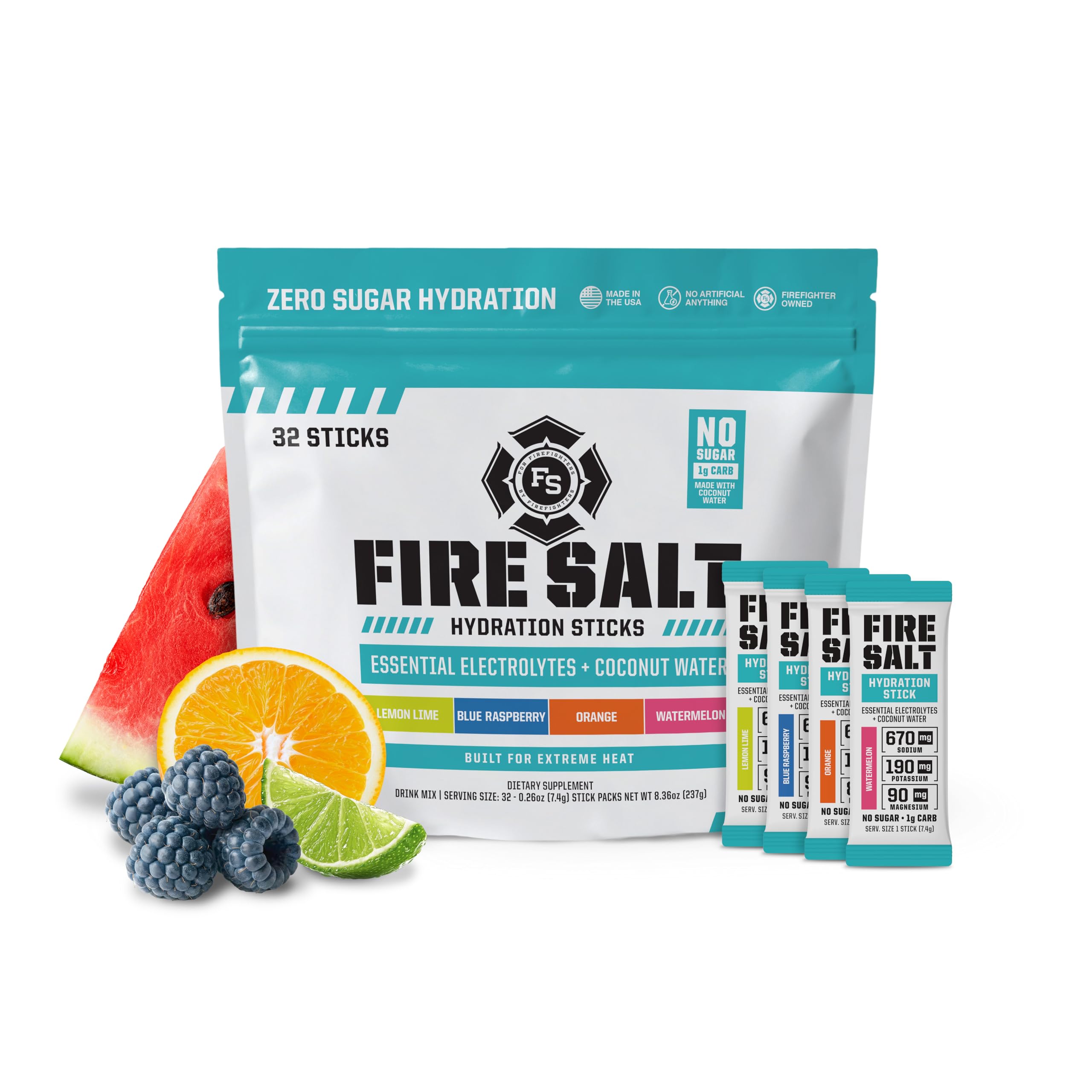 Fire Science Fire Salt Hydration Sticks dans une pochette monodose, hydratation pratique en déplacement.