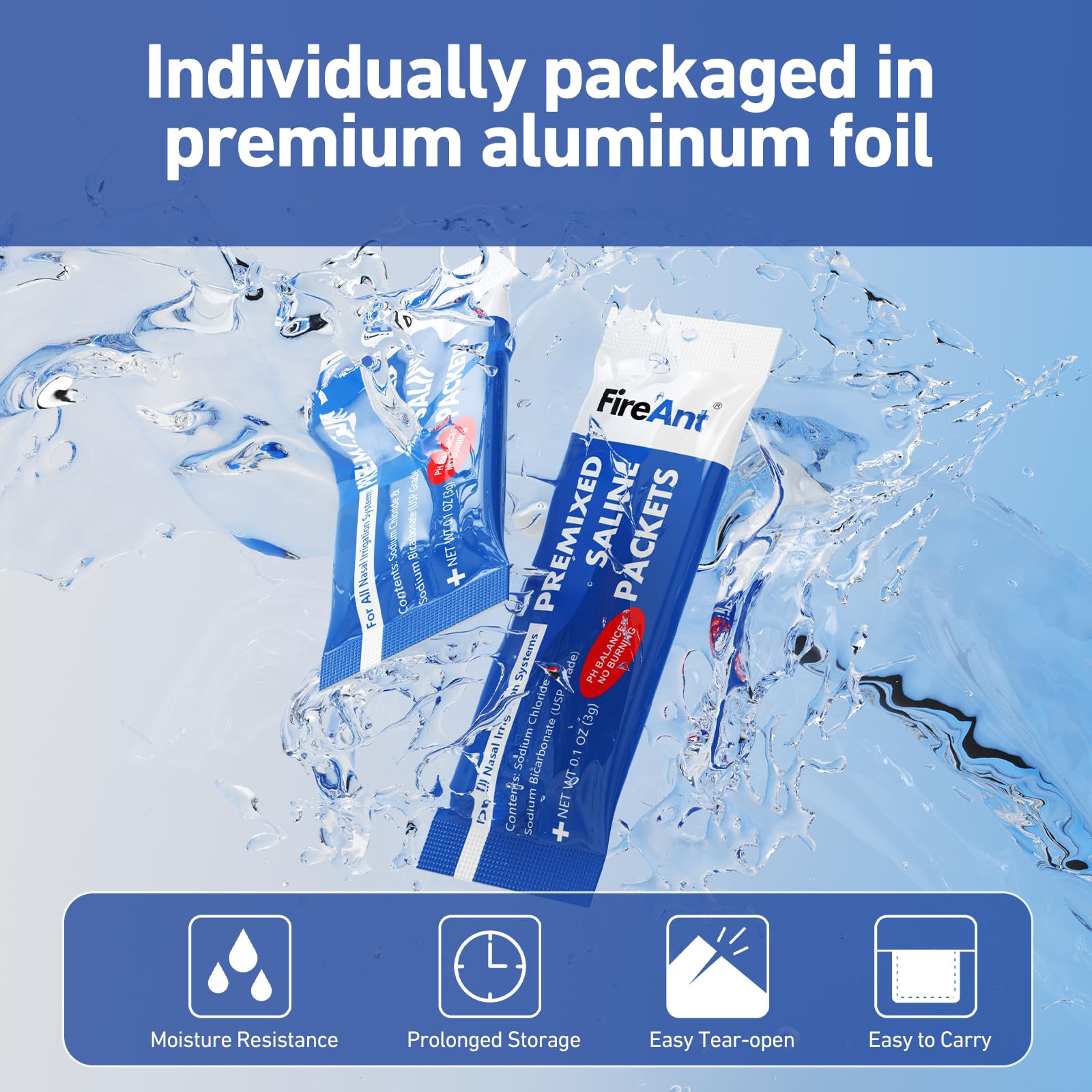 FireAnt sachets saline compatibles avec dispositifs nasaux et multi-symptômes.