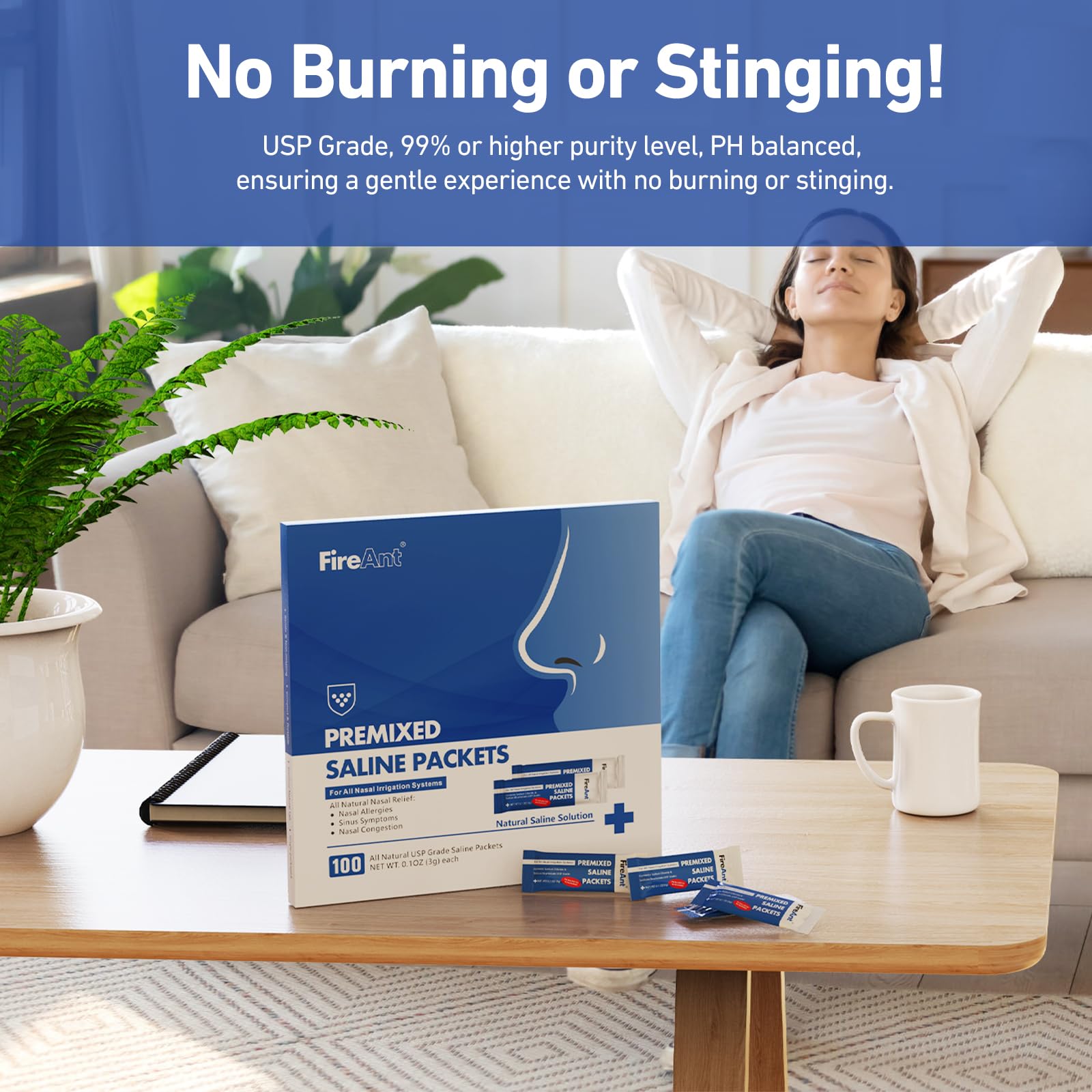 FireAnt sachets saline dissolution rapide pour rinçage nasal clair.