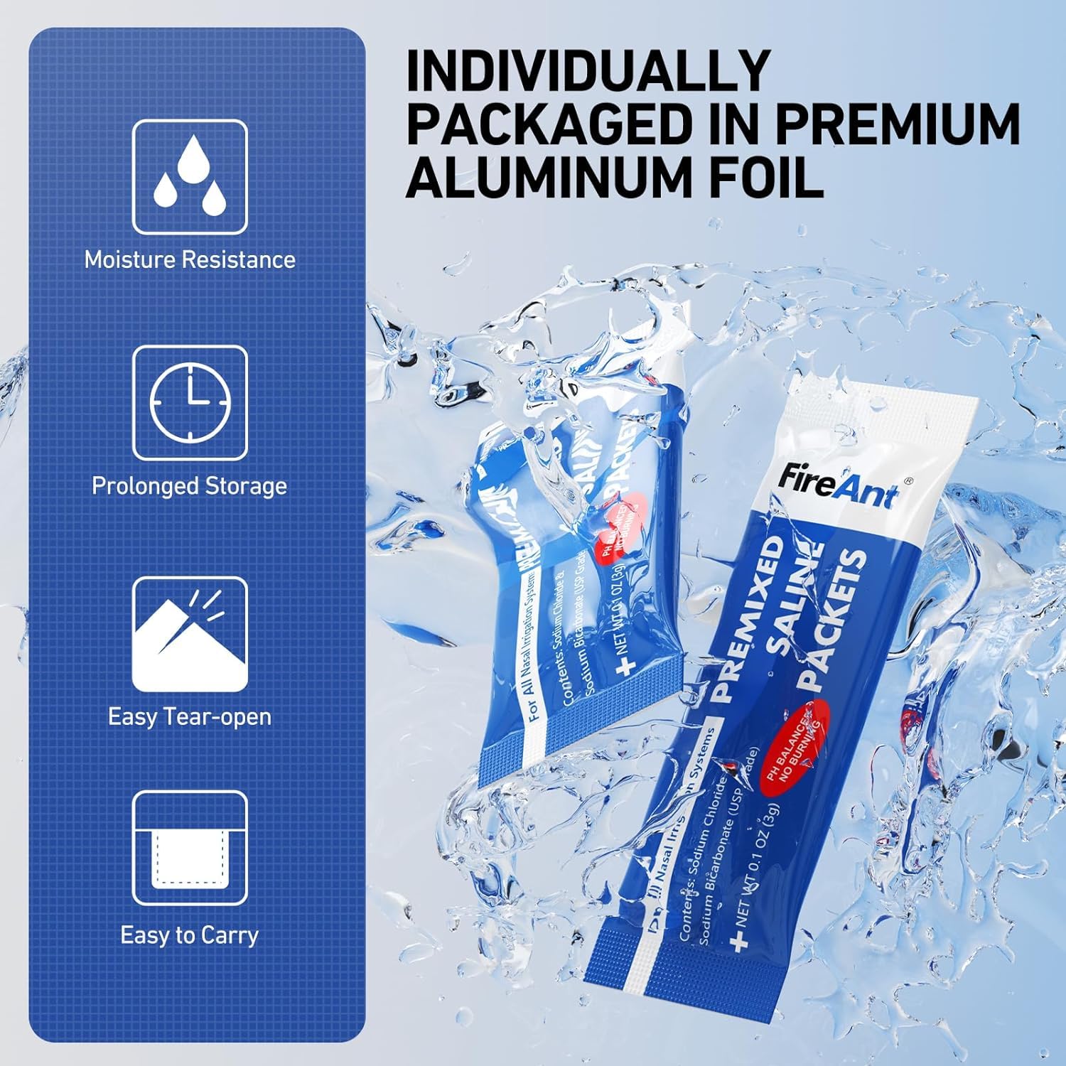 FireAnt sachets saline rinçage sinus – produit sûr, fabriqué en établissement médical.