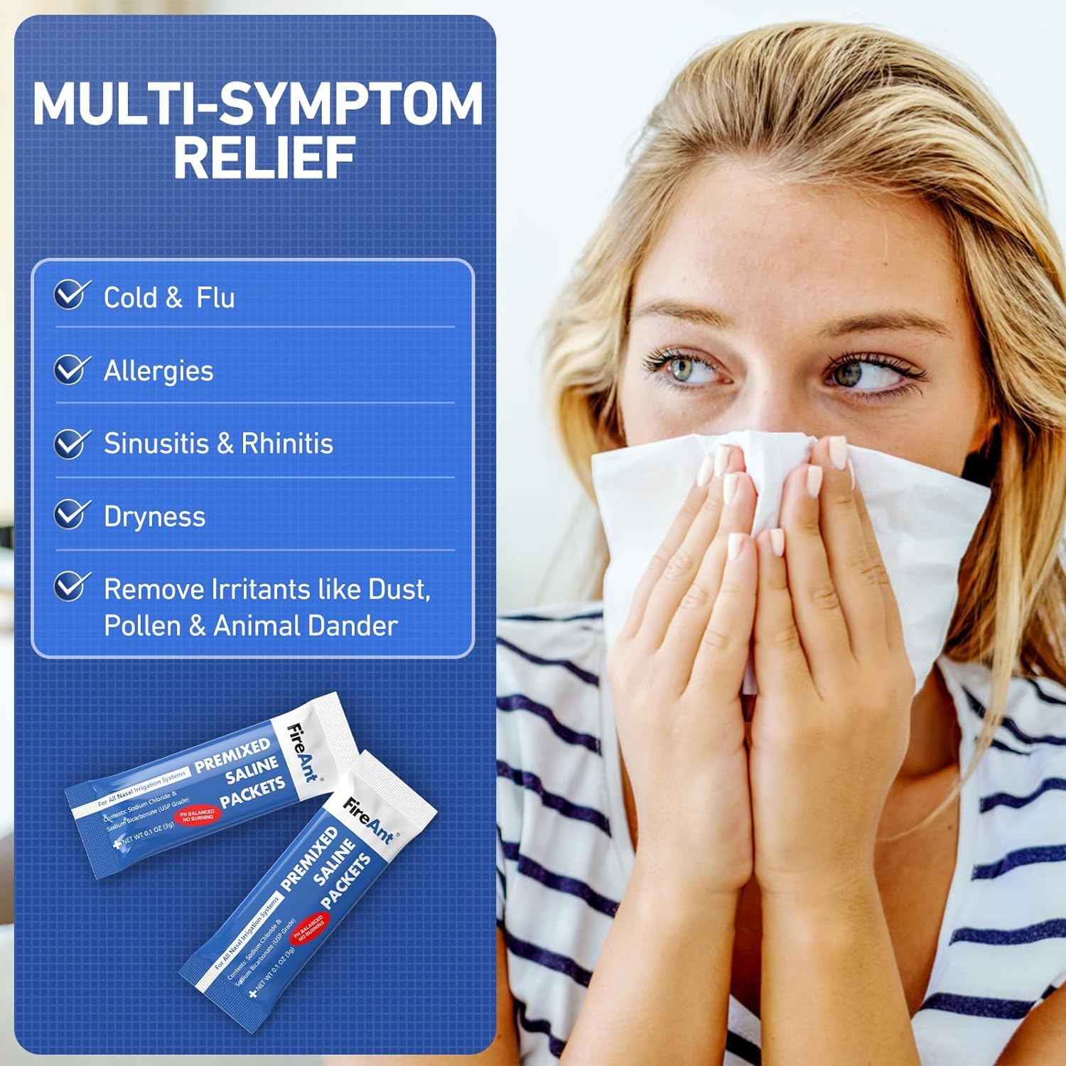 FireAnt sachets saline rinçage sinus – usage facile pour un rinçage quotidien.