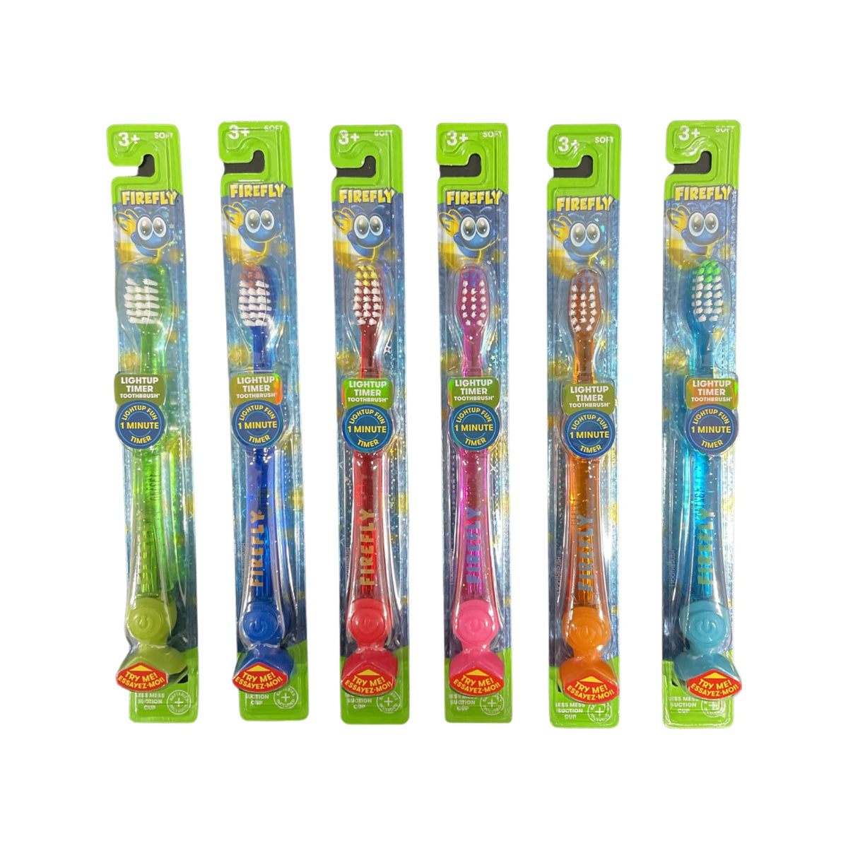 Brosse Firefly pour enfants avec minuteur lumineux et ventouse, pratique pour un brossage amusant et efficace.