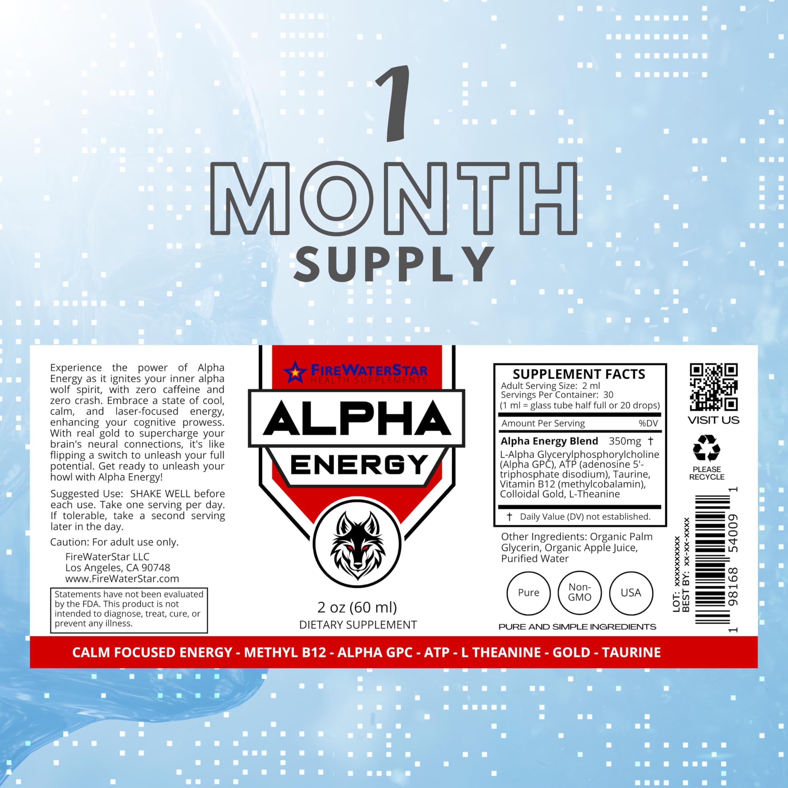 FIREWATERSTAR Alpha Energy: goutte près du compte-gouttes, stimulation mentale sans caféine.
