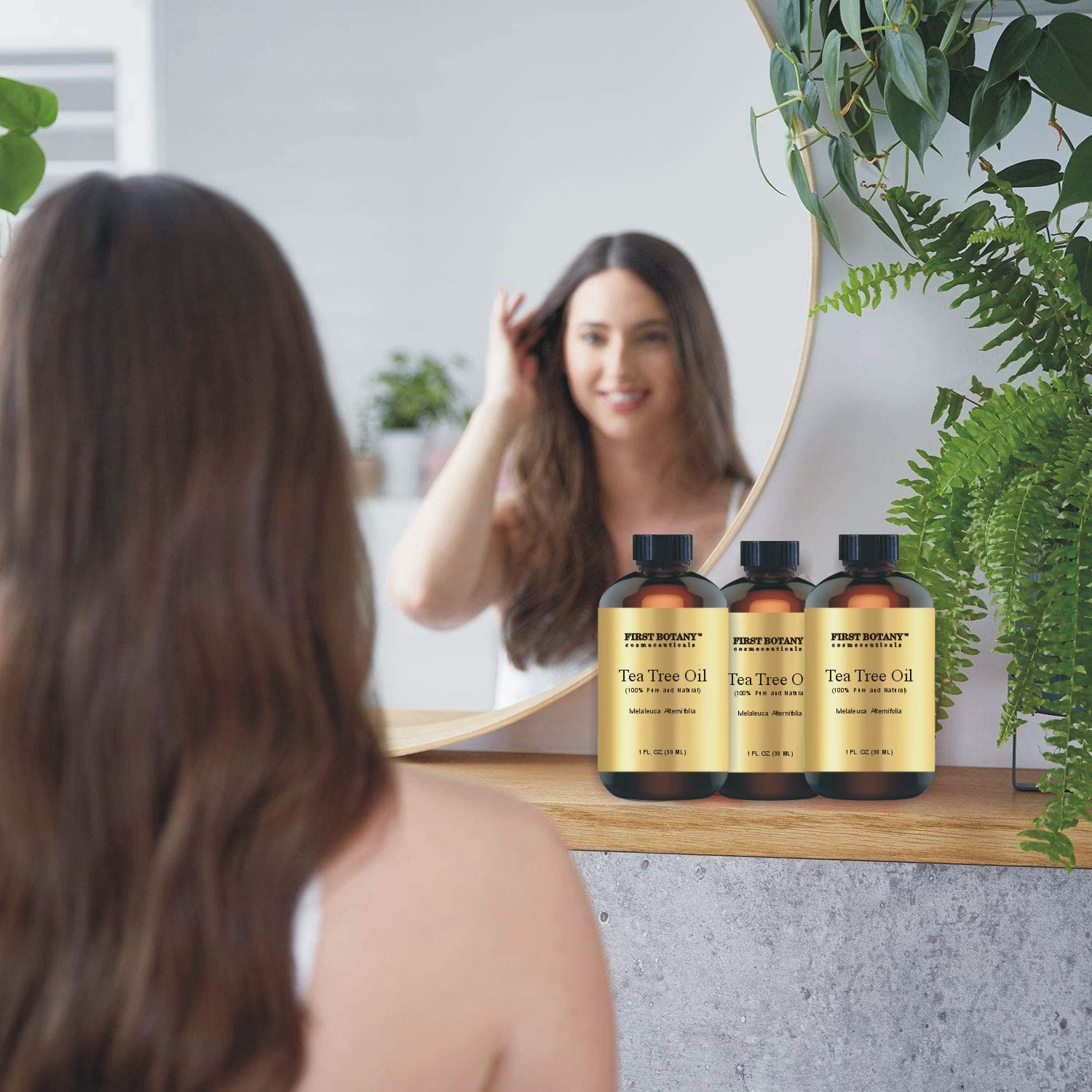 First Botany huile Tea Tree, feuilles distillées visibles pour pureté