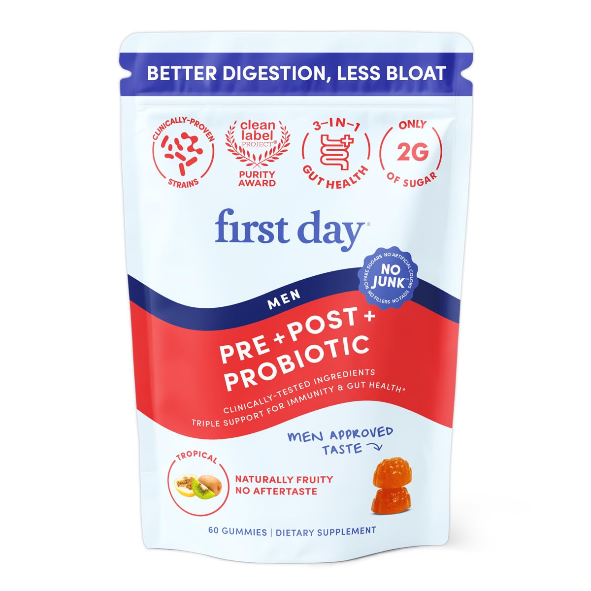FIRST DAY 3-en-1 Probiotiques pour homme, bouteille, soutien digestif potentiel