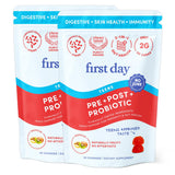 Gomme tribiotique FIRST DAY montrant le flacon, soutien intestinal potentiel.