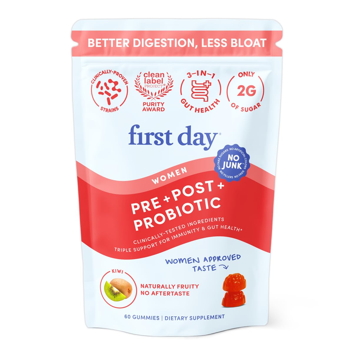Gummies FIRST DAY en boîte, emballage clair pour une routine digestive équilibrée