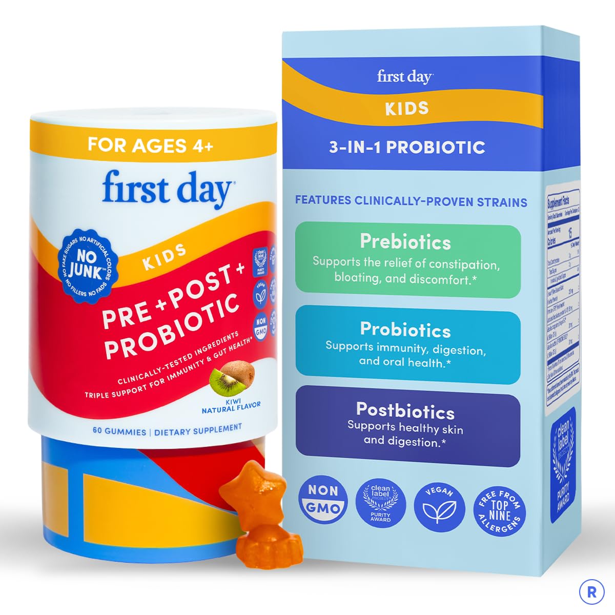 Gommes FIRST DAY pour enfants – bouteille montrant le produit, soutien digestif potentiel.