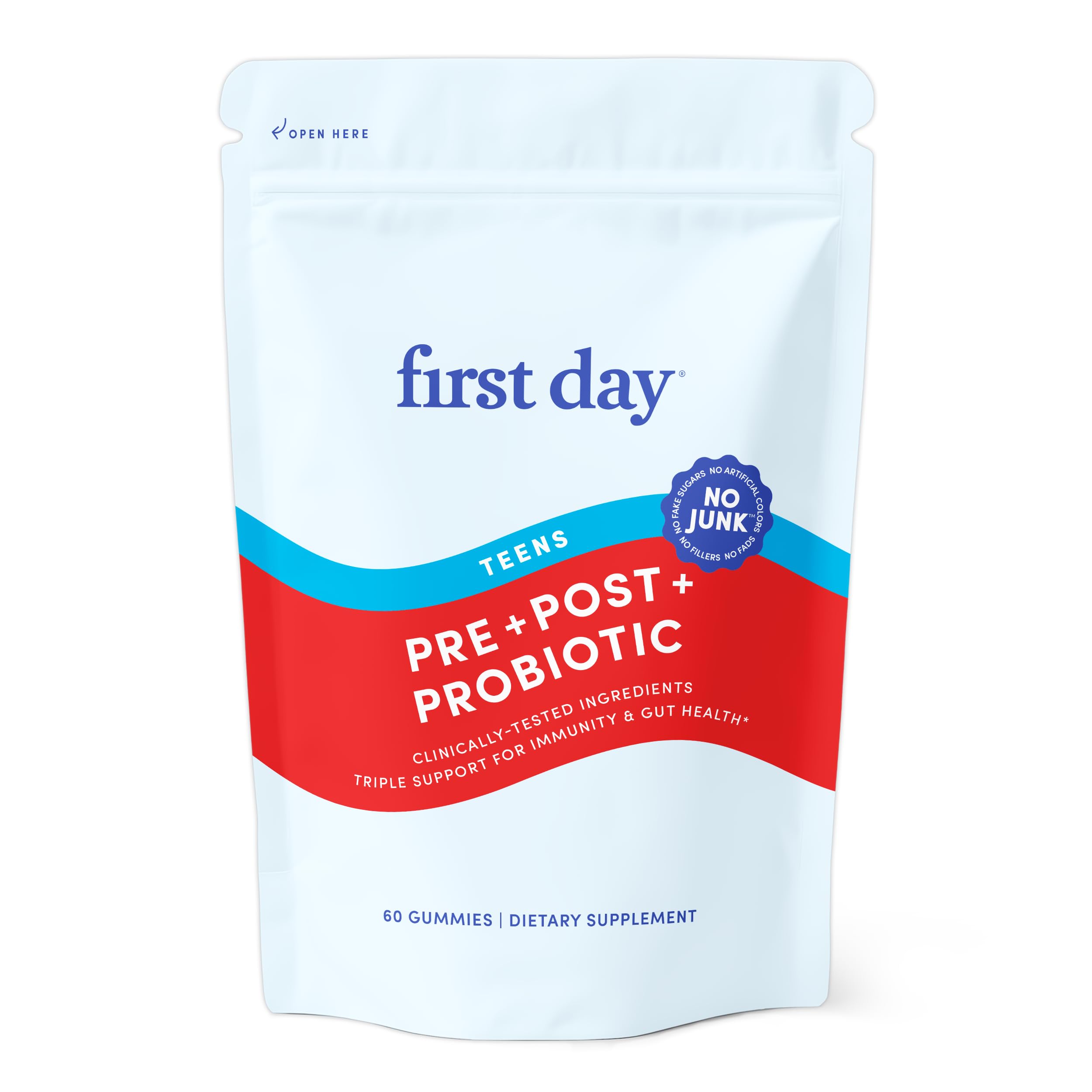 FIRST DAY Tribiotic Gummies dans leur emballage, soutien digestif potentiel.