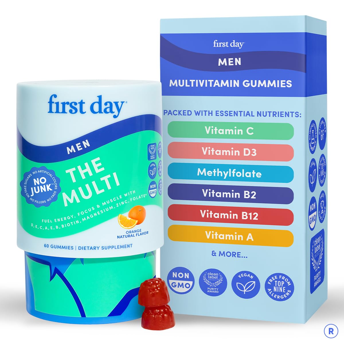 FIRST DAY multivitamine homme, bouteille de gommes pour énergie quotidienne.