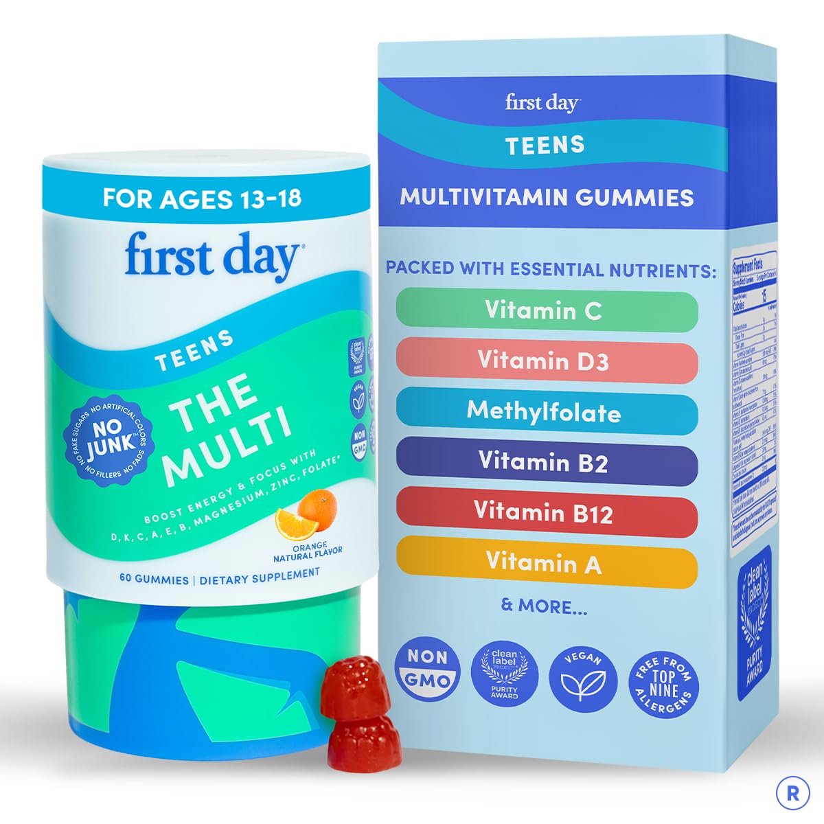 FIRST DAY Teen Multivitamines: bouteille et gommes colorées, énergie quotidienne.