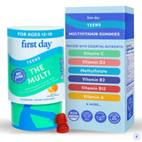 FIRST DAY Teen Multivitamines: bouteille et gommes colorées, énergie quotidienne.