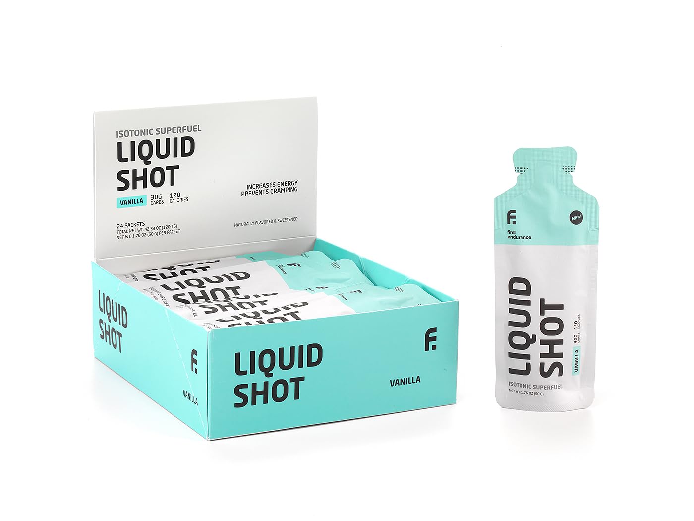 FIRST ENDURANCE Liquid Shot énergie rapide dans un flacon individuel.