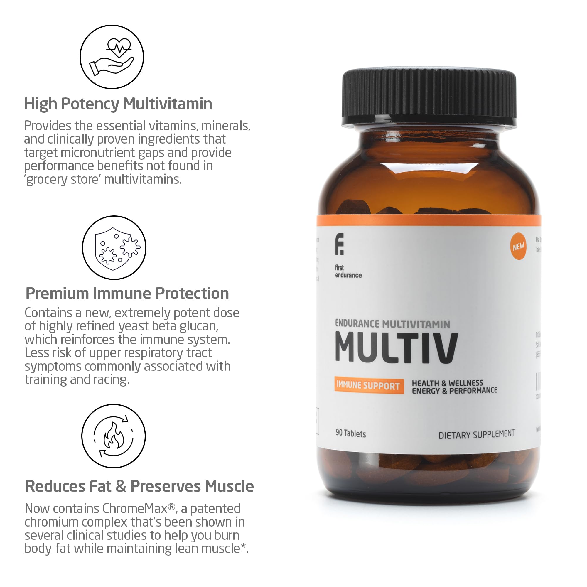 FIRST ENDURANCE MultiV, tablettes et emballage, nutriments essentiels pour l’endurance.