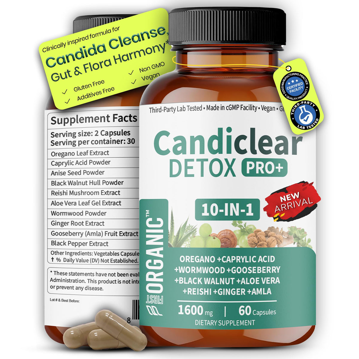 FIRSTORGANIC Candida Cleanse - bouteille 60 gélules, soutien potentiel à l'équilibre des levures.