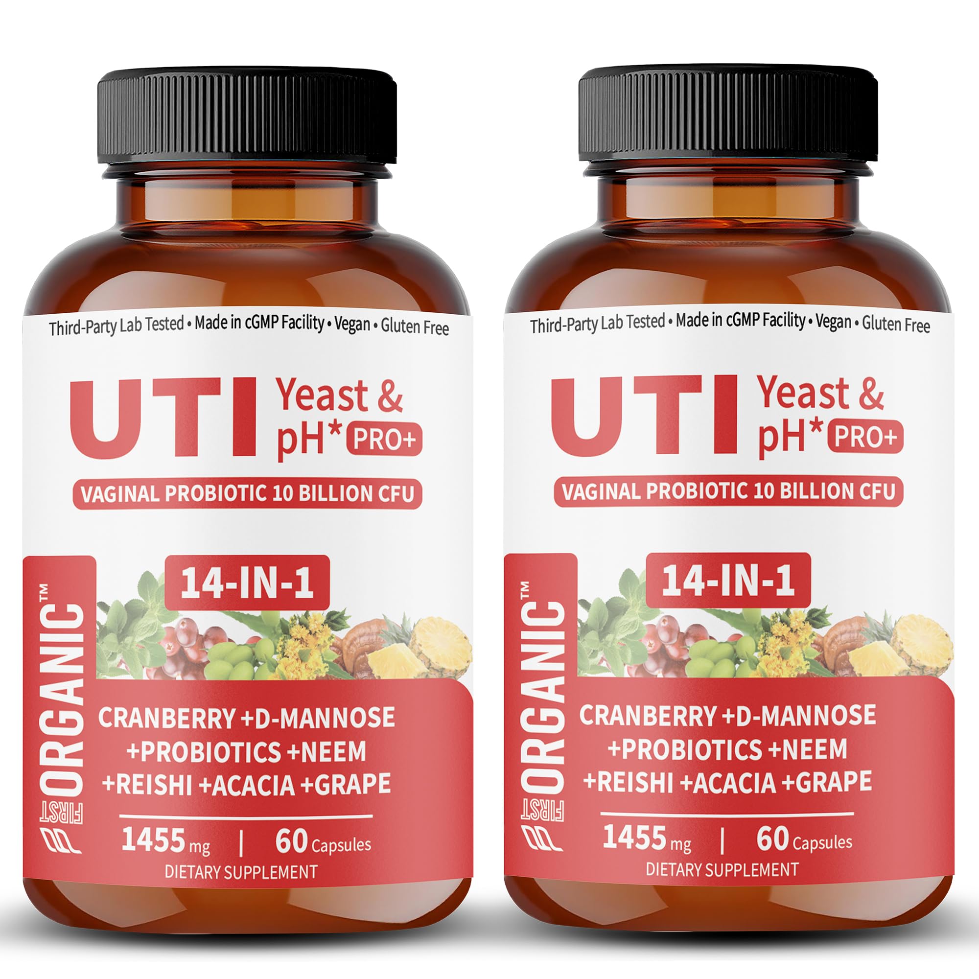 FIRSTORGANIC UTI Yeast & pH Pro+ — Bouteilles visibles, hydratation potentielle et équilibre du pH.