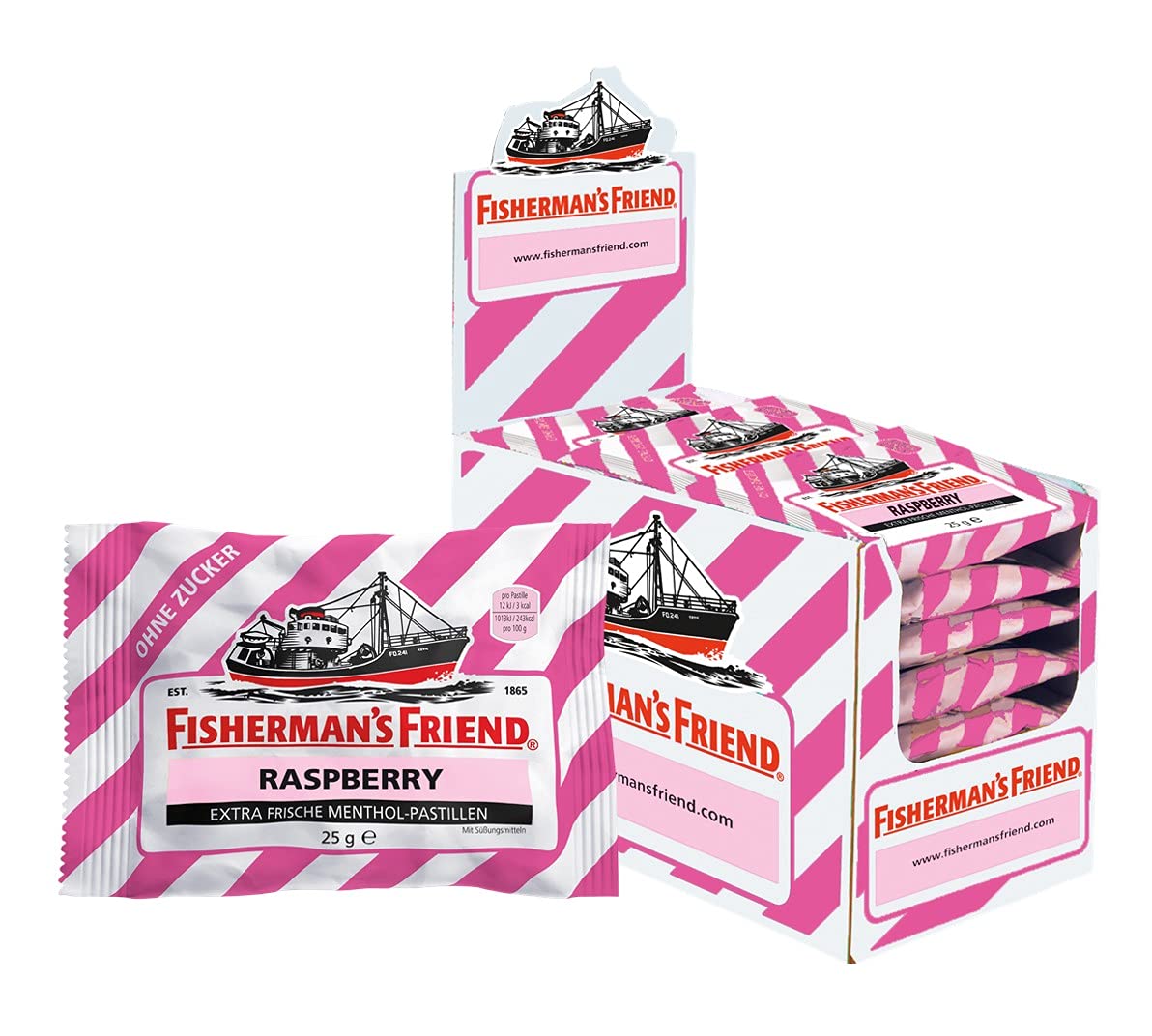 Boîte Fisherman's Friend Framboise sans sucre prête à emporter pour une haleine fraîche.