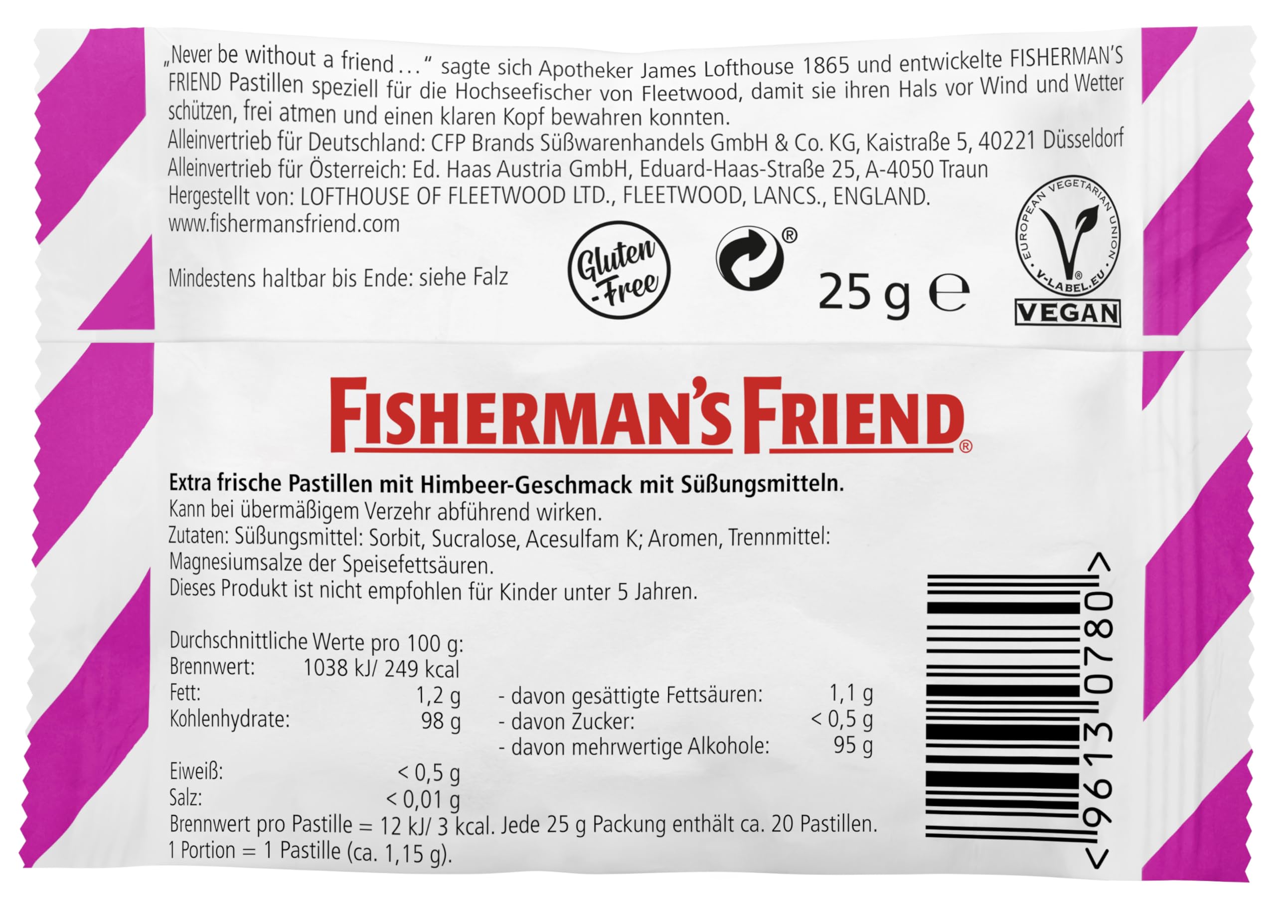 Détails d'emballage Fisherman's Friend Framboise sans sucre utiles au choix quotidien.