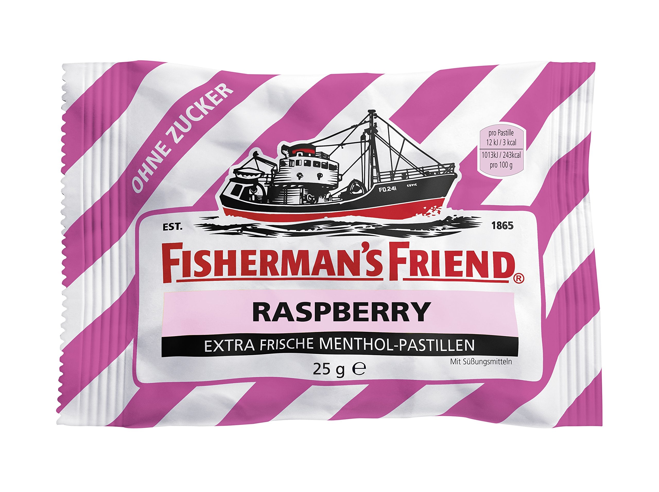 Etui Fisherman's Friend Framboise sans sucre, emballage élégant pour des pauses rapides.