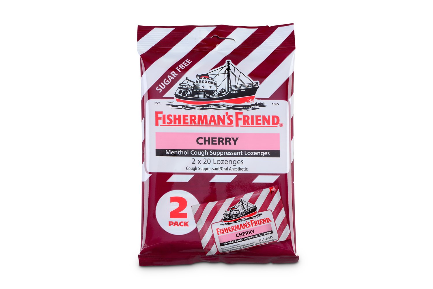 Fisherman's Friend pastilles sans sucre cerise menthol, emballage recto, soulagement temporaire