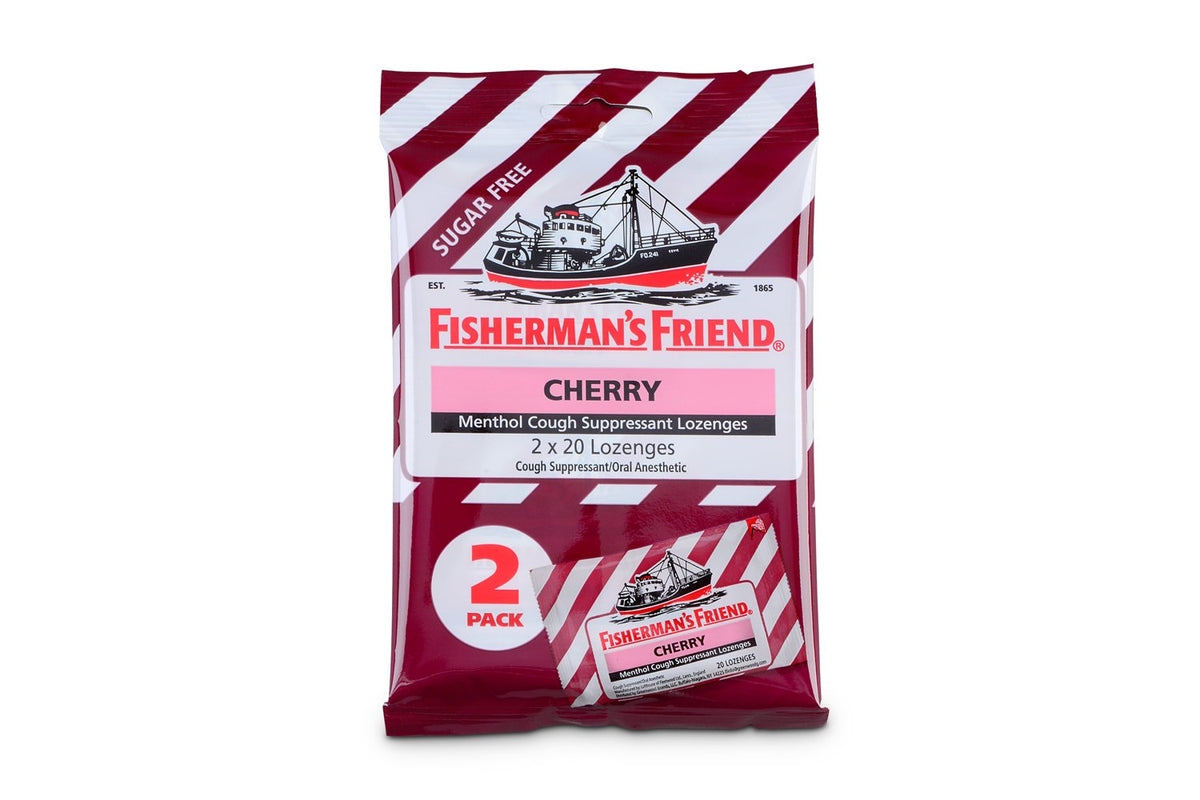 Fisherman's Friend pastilles sans sucre cerise menthol, emballage recto, soulagement temporaire