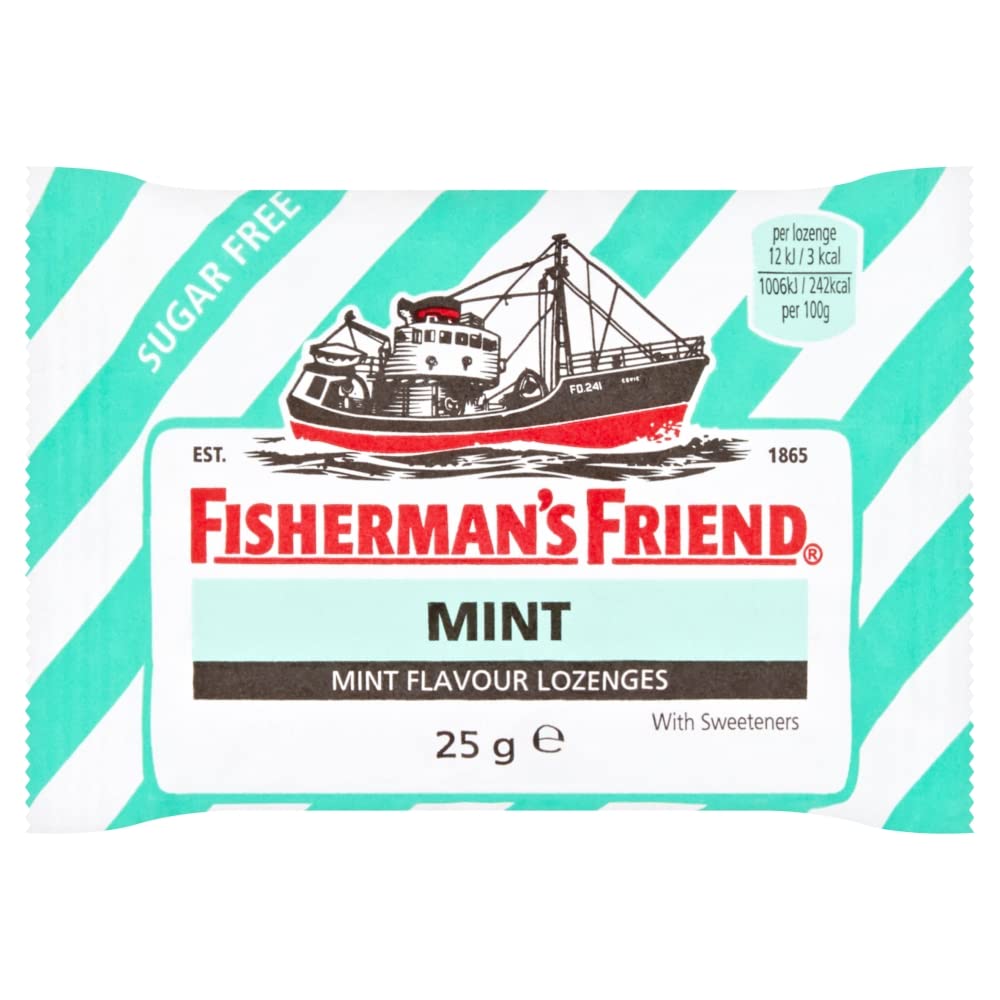 Pastilles Fisherman's Friend sans sucre à la menthe, fraîcheur durable en déplacement.