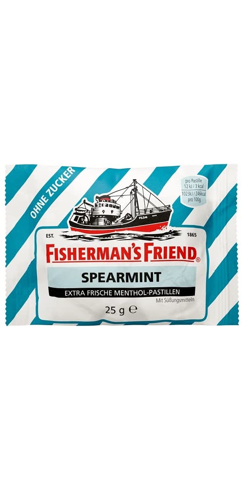 Fisherman's Friend Spearmint en boîte métallique, rafraîchissement durable pour les déplacements.