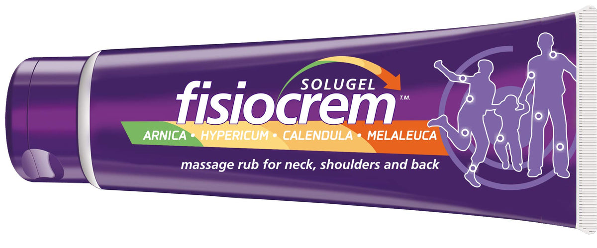 Fisiocrem Solugel Arnica : bouteille montrant l'arnica pour un massage musculaire apaisant.
