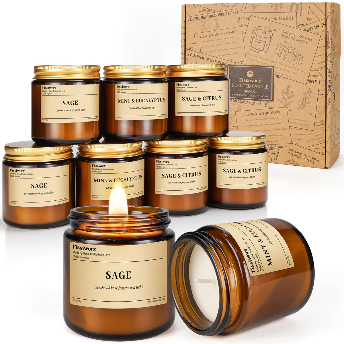 Bougie fissiworx en cire de soja Sauge Menthe Eucalyptus, ambiance rafraîchissante durable