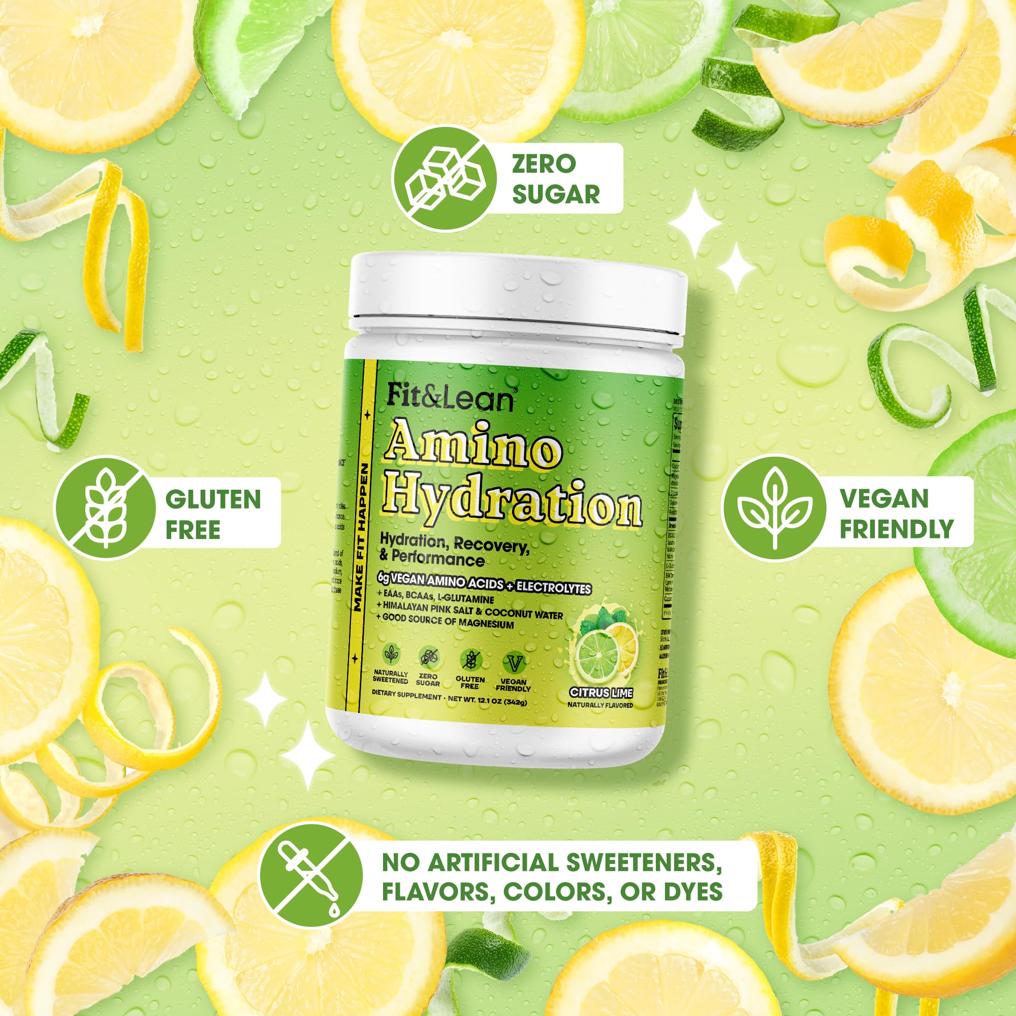 Fit & Lean Amino Hydration : étiquette claire et conseils d'utilisation.